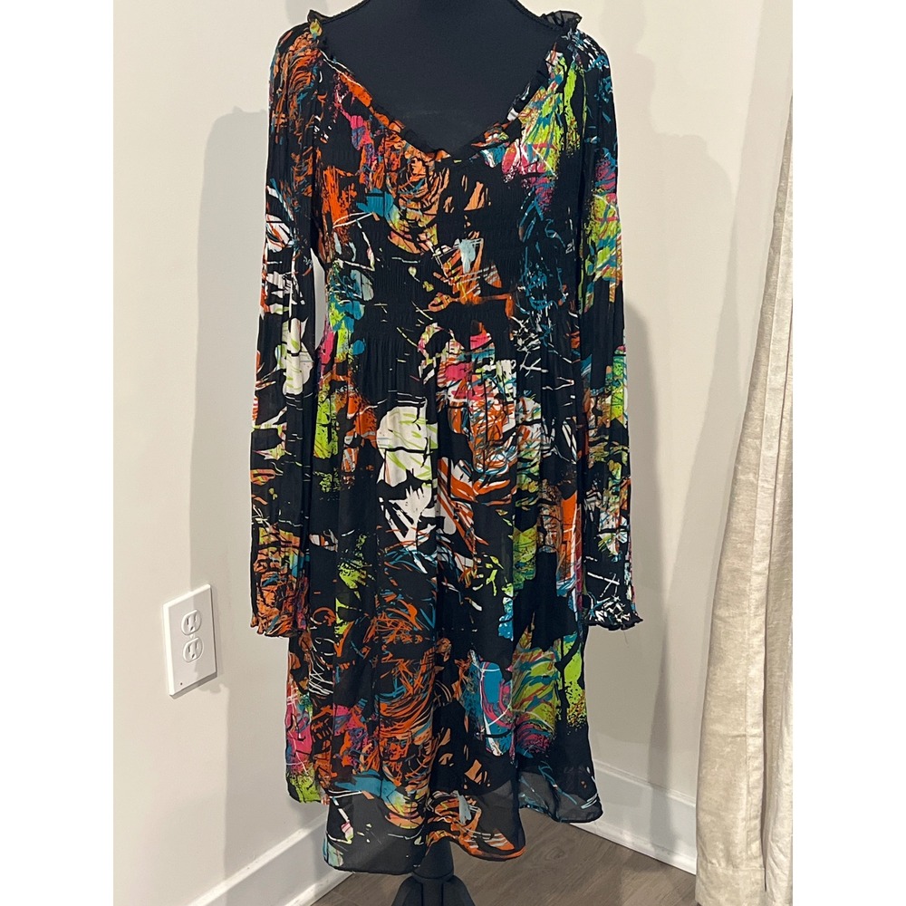 Signature by Robbie Bee Abstract Graffiti Print Smocked Midi‎ Dress Black Neon 8